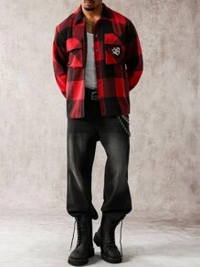 Manfinity Homme Young Men's Red Plaid, Letter Print Jacket And Coat, Red Black Flannel Men's, Mens Flannels, Red And Black Shirt - Red - View 6
