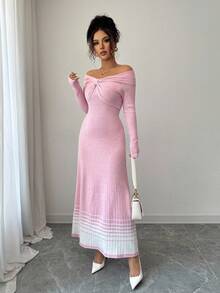 Elenzga 1 Stück Off-Shoulder gestricktes elegantes zartrosa Damen Sweaterkleid - Pink - Übersicht 6