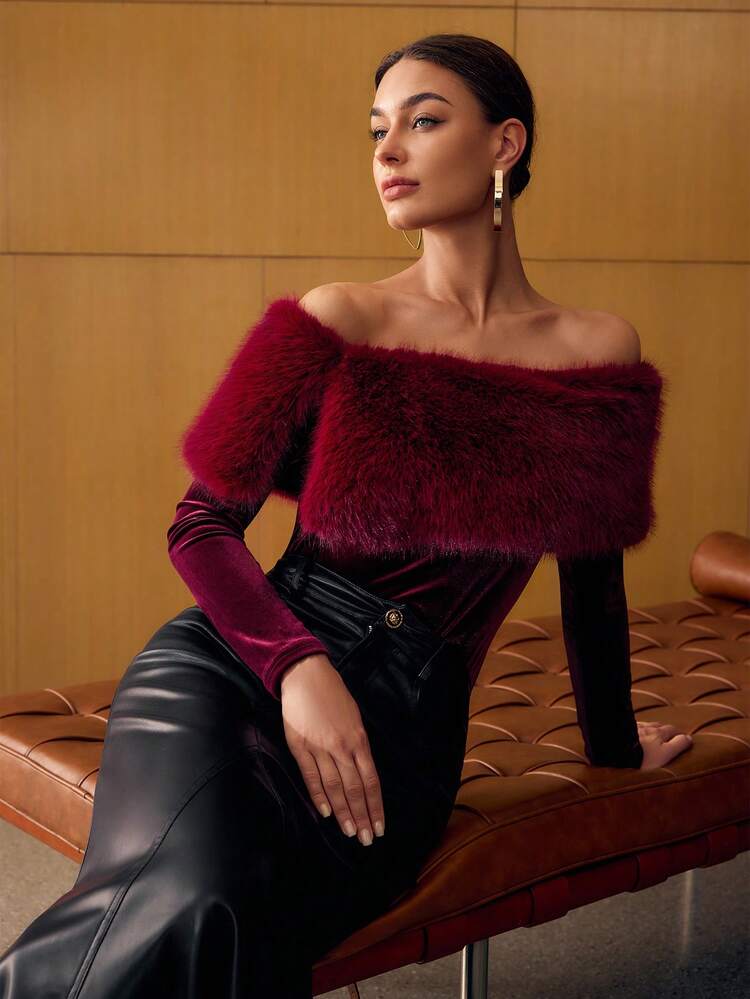 VELVET OFF SHOULDER FUZZY PANEL SLIM FIT TOP