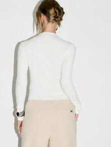 KIZN Mandarin Collar Quarter Zip Long Sleeve Fitted Crop Top Premium Jersey Material Elegant Office Party Club Evening Wear Winter Fall Collection - White - View 2