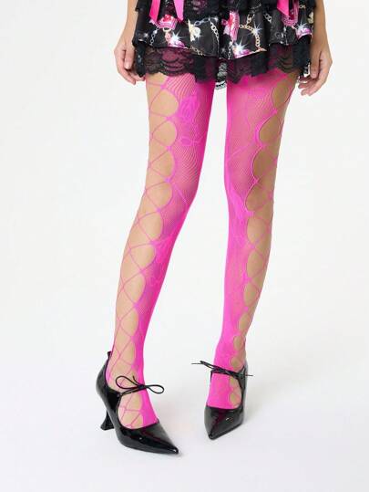Anime 1 Pair Hot Pink Y2K Sexy Cutout Fishnet Leggings / Fishnet Tights / Open-Crotch Fishnet Pantyhose / Suspender Fishnet Stockings For Women