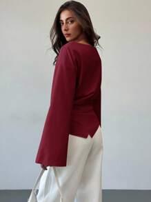 Aloruh Women's Boat Neck Flare Sleeve Cropped Ruched Office Blouse,Fall Tops,Elegant Women's Blouses - Burgundy - View 2