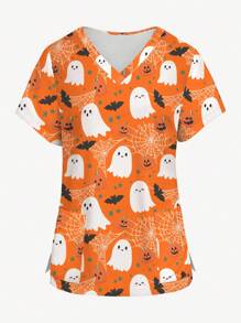 PopScrub Plus Size Women Summer V-Neck Short Sleeve Cartoon Ghost, Pumpkin, Spider Web, Bat Print Casual Nurse Scrub Uniform Top, Halloween Halloween Scrub Top Halloween Scrubs Women Halloween Scrubs Nurse Halloween Scrubs Scrubs Halloween
