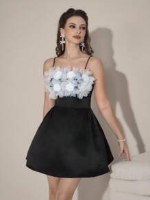 Poshira 女士黑色花朵缀饰露肩 A 字短款鸡尾酒会礼服 - 黑色 - 查看 4