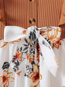 SHEIN Young Girl Floral Print Ruffle Trim Belted Dress