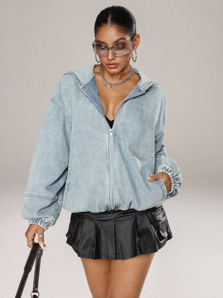 Jeanoix Women's Casual Washed Denim Hooded Jacket - Light Wash - View 7