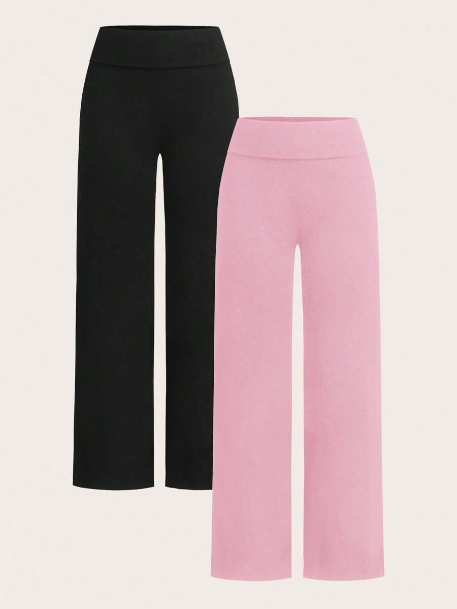 SHEIN EZwear 2 件黑色和粉色女士休闲高腰折叠阔腿直筒裤,适合夏季 - 彩色 - 查看 1