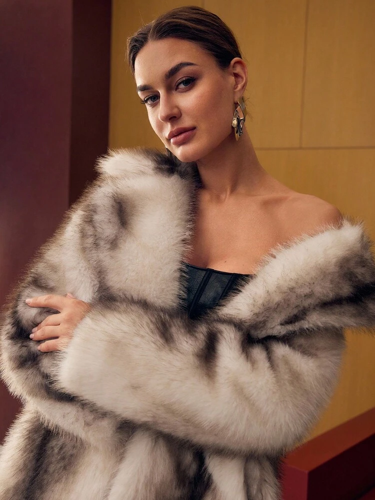 LAPEL COLORBLOCK FAUX FUR COAT