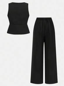 SHEIN Girlism Tween Girls Black Elegant Sleeveless Suit Vest And Pants Set, Commuting Outfit For Summer,Clean Girl, Back To School Season - Black - View 2