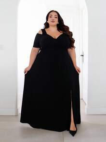 Pretty and Ole Plus Cold Shoulder Split Thigh Dress Long Evening Dresses - Black - View 4