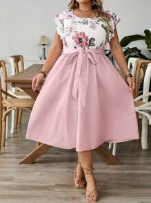 SHEIN CURVE+ Plus Size Women Floral Print Round Neck Cap Sleeve Elegant Dress, Summer Vacation Curve Summer Dresses Plus Size Summer Dresses Floral Print Summer Dress 8xl Dresses Women Summer Dresses