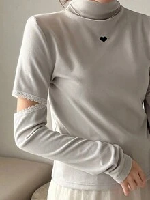 FRIFUL 女士愛心刺繡花邊中空袖立領上衣 - 灰色 - 查看 4