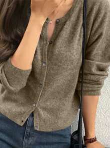 INAWLY Cárdigan casual de una hilera de botones de color liso de manga larga para mujer, para primavera y otoño - Camel - Ver 3