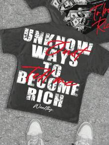 SHEIN 青少年男孩休闲时尚经典酷炫钞票裹脸肖像图案 T 恤，经典时尚标语印花短袖圆领 T 恤，适合夏季 - 彩色 - 查看 4