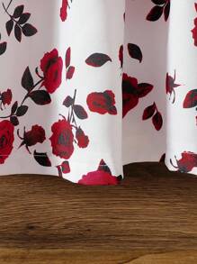 SHEIN 女童玫瑰印花荷叶边下摆收腰 A 字中长连衣裙，春秋