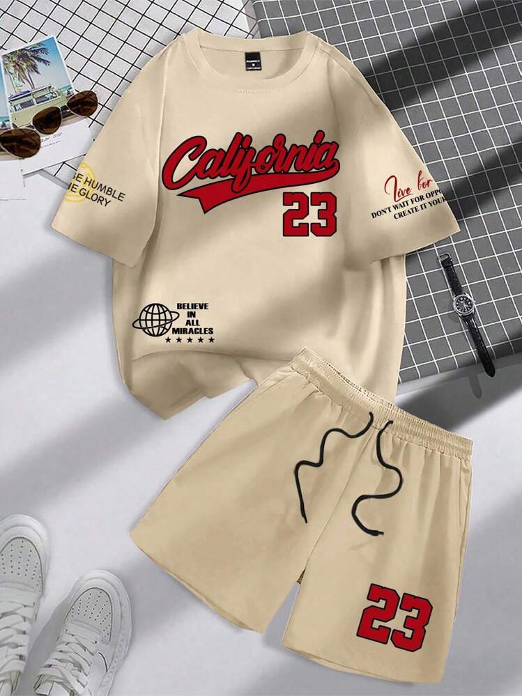 Manfinity Campus Court Men's Casual Letter Printed Short Sleeve T-Shirt And Shorts Set - Apricot - View 1