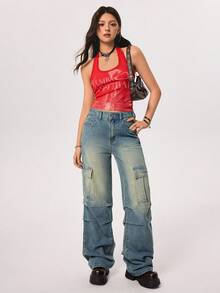 Rivivi 女式工装口袋褶皱阔腿休闲牛仔裤 - 藍色 - 查看 6