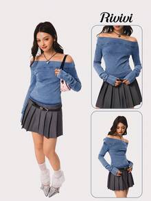 Rivivi 女式露肩长袖修身牛仔衬衫 - 淺色水洗藍 - 查看 1