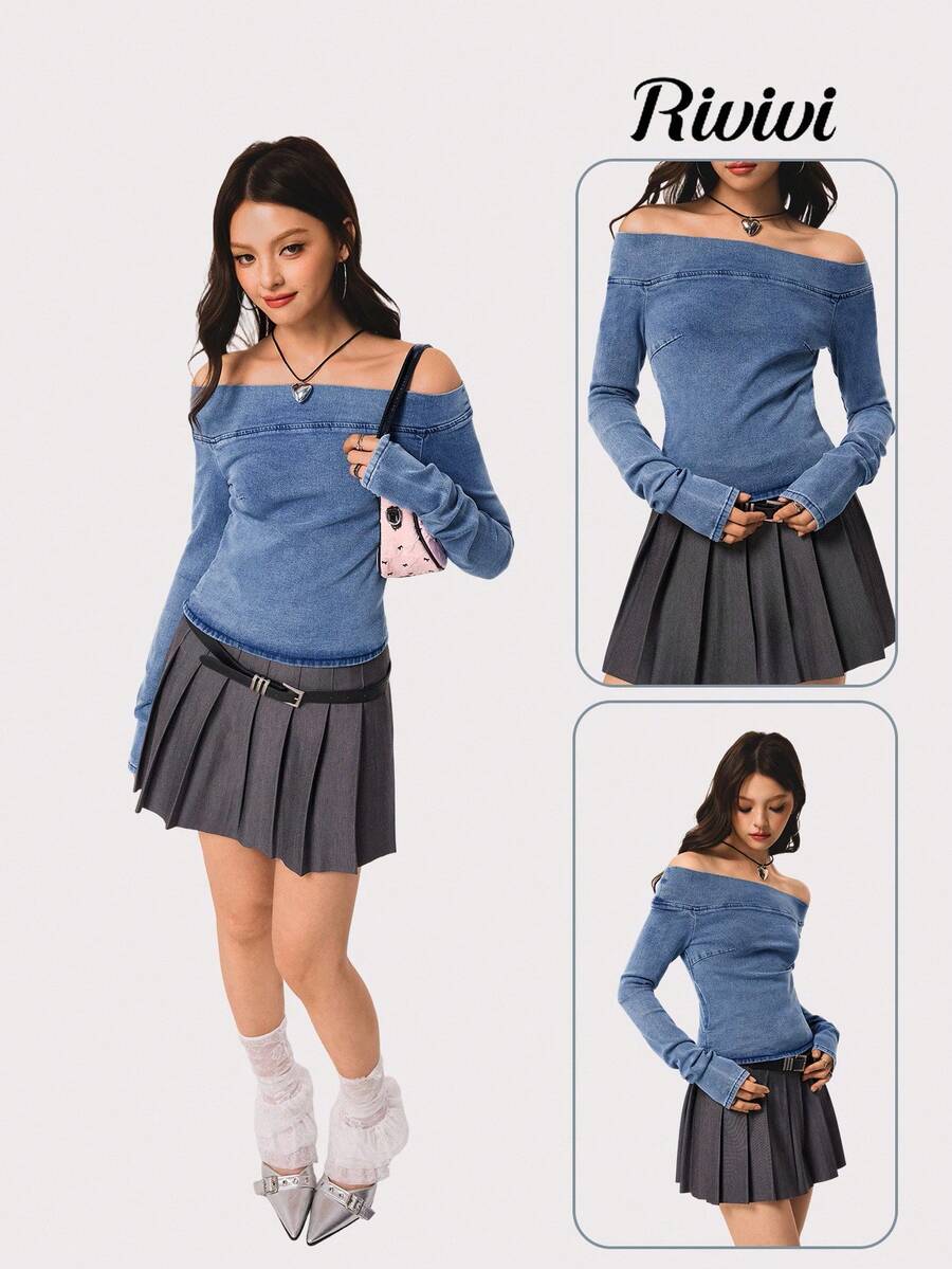 Rivivi 女式露肩长袖修身牛仔衬衫 - 淺色水洗藍 - 查看 1