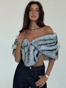 Aloruh 秋冬女士时尚短款人造毛皮披肩夹克 - 灰色 - 查看 5