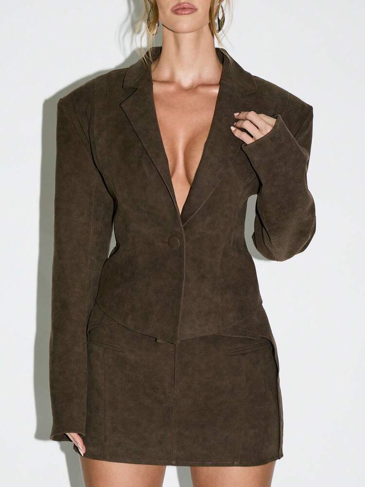 KIZN Suede Blazer Dress With Single Button And Deep V Neck