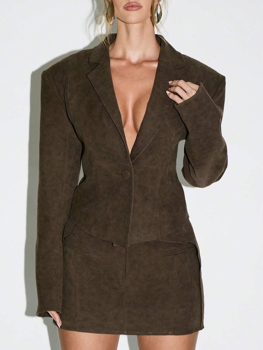 KIZN Women Suede Blazer Dress Single Button Mini Length Slim Fit Deep V Neck Office Wear Fall Winter Formal Wedding Guest Cocktail Party Occasion