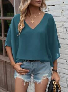 EMERY ROSE Damen Einfarbiges V-Ausschnitt Fledermausärmel Locker Lässig Hemd