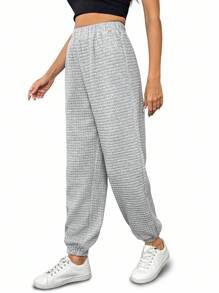 EMERY ROSE Elegant & Casual High Waist Loose Waffle Plaid Tapered Leg Women Pants, Autumn/Winter Fall Cloth For Women - Grey - View 5