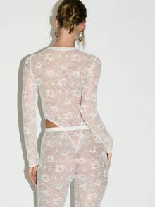 KIZN Elegant Long Sleeve Lace Bodysuit Floral Pattern Evening Special Occasion Fitted Full Length White Sheer Layer Party Sophisticated Holiday Statement Piece Nightclub Wear