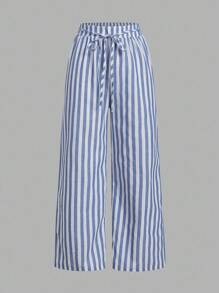 SHEIN Essnce 3 件套黑白条纹航海风格女式休闲腰带裤，带口袋，直筒裤，适合夏季度假