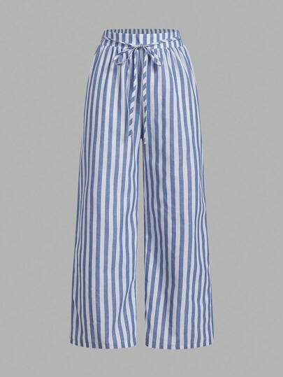 SHEIN Essnce 3pcs Set Women's Blue And White Stripe Nautical Style Casual Summer Vacation Waist Tie Pants With Pockets,Straight Leg Black & White Striped Clothes