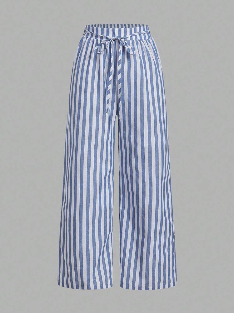SHEIN Essnce 3pcs Set Black & White Striped Nautical Style Women Casual Waist Tie Pants With Pockets, Straight Leg, Suitable For Summer Vacation Fall Clothes Winter Clothes - Multicolor - View 10
