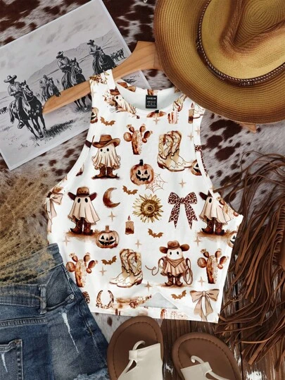 Attitoon Camiseta de tirantes ajustada para mujer con estampado colorido de graffiti en estilo minimalista casual, vacaciones, Halloween fantasma lindo, estilo vaquero occidental, fiesta, vuelta al colegio, festival de música, adecuada para salir, campo, ropa urbana, tops gráficos de verano lindos