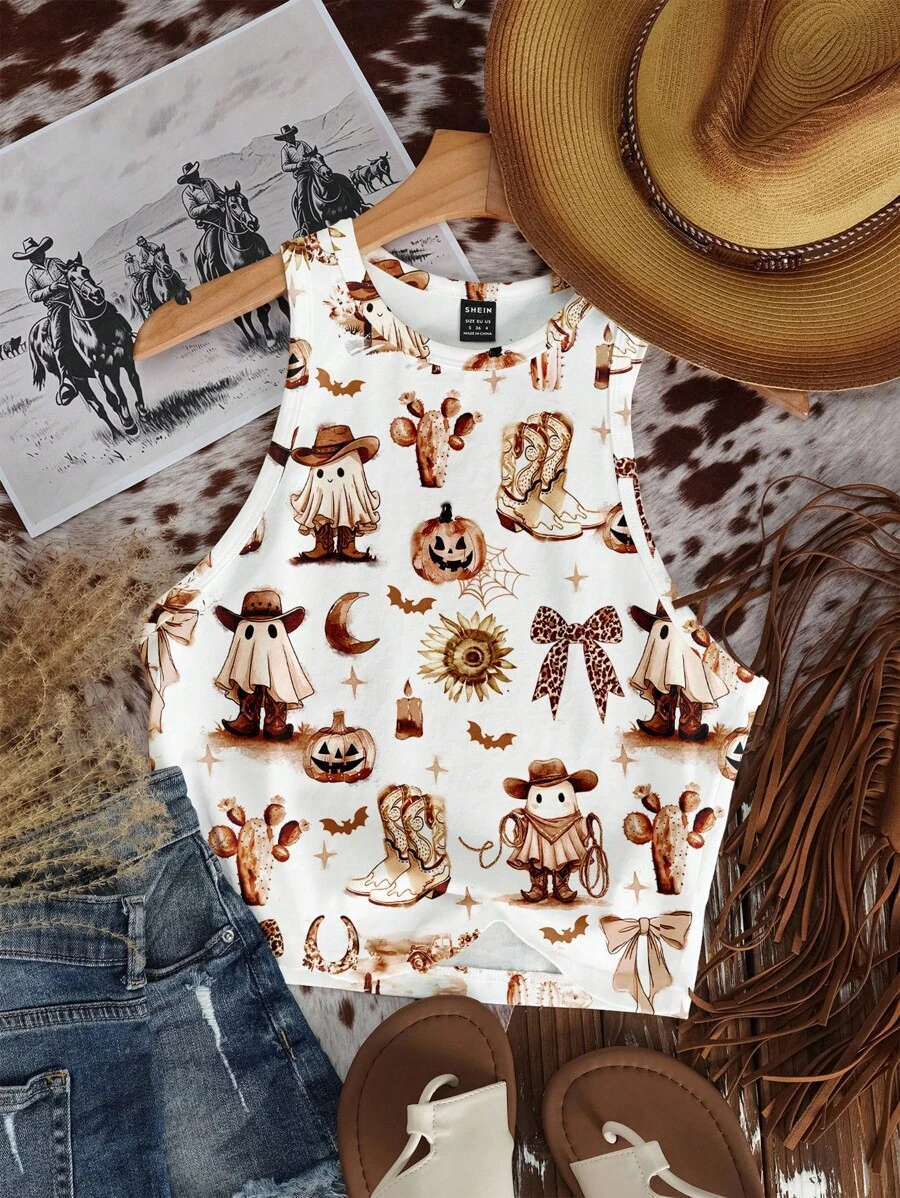 Attitoon EZwear Casual Minimalista Férias, Halloween Fantasma Fofo, Estilo Cowboy Ocidental, Festa, Volta às Aulas, Estilo Festival de Música Estampa Grafite Colorida Gola Redonda Regata Feminina Justa, Verão Adequado para Sair, Country, Streetwear, Blusas Lindas de Verão com Estampas