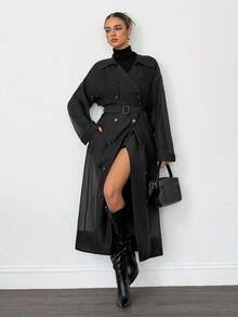 SHEIN Tall 2025 新款女式透明欧根纱长袖系带风衣夹克，简约时尚休闲日常穿着，优雅外套，适合春夏季，秋冬季情人节黑色罩衫透明外套 - 黑色 - 查看 7