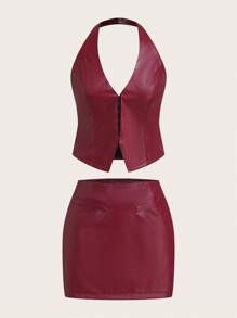 Siren Gaze 秋季必备！女士勃艮第酒红色PU套装 - 前扣式露背上衣和迷你裙，街头风格与职场魅力的完美结合 | 非常适合返校季、职场装、演唱会装、早午餐和夜间外出 | 2025新品，性感休闲，秋季约会、度假和日常必备单品 - 酒紅色 - 查看 9