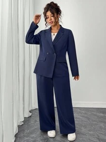 Elenzga 大码女式两件套：双排扣简约西装外套和宽松西装裤，时尚通勤别致职业休闲优雅商务装 - 藏蓝色 - 查看 5