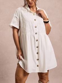 SHEIN VCAY Plus Size Casual Solid Color Floral Embroidery Patchwork Front Button Dress Plus Size White Dress White Button Up Dress Autumn Clothes - White - View 5