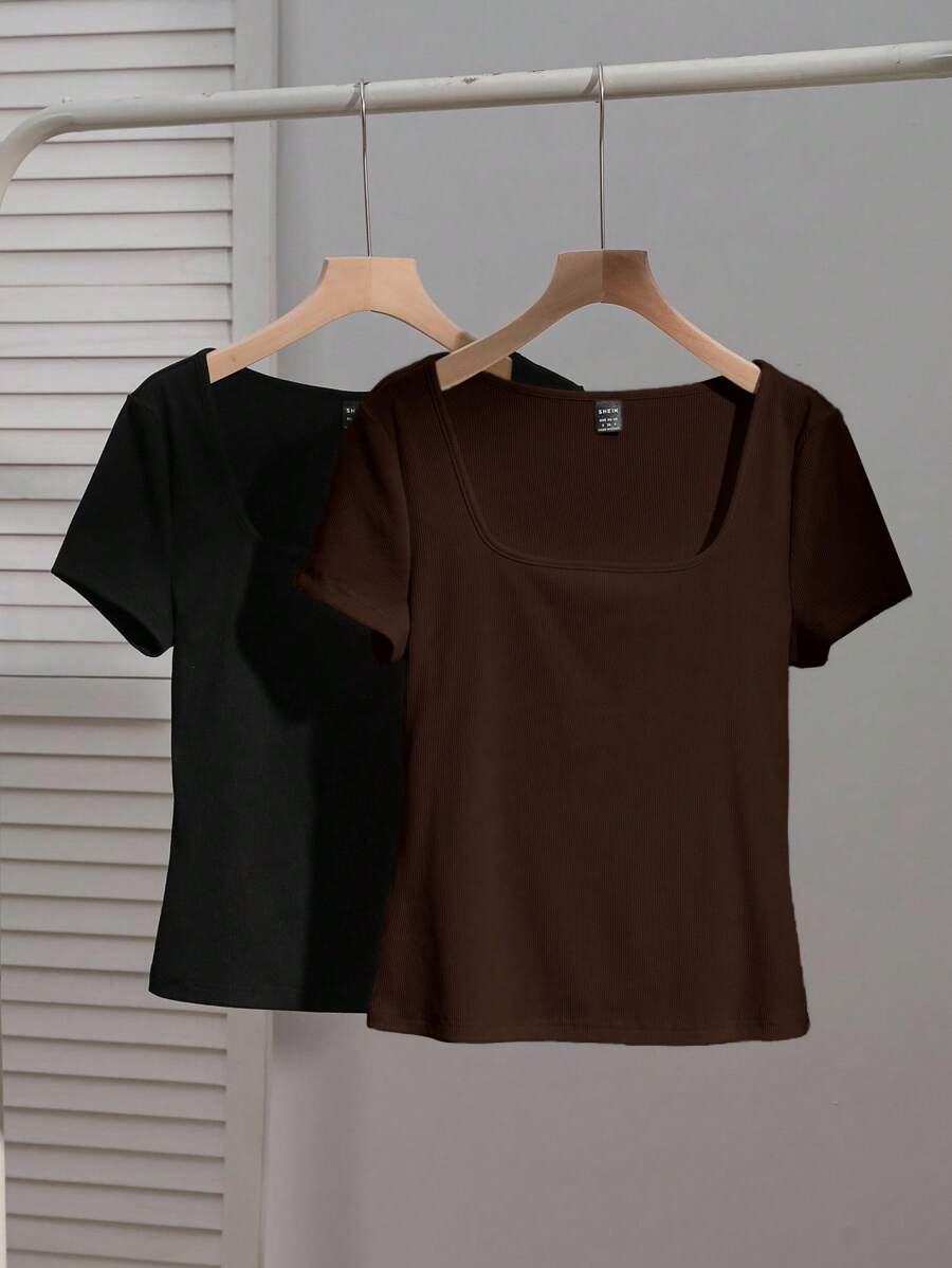 SHEIN EZwear 2pcs Women's Square Neck Short Sleeve Casual Slim Fit T-Shirts, Black & Dark Brown, Suitable For Summer, Outfits , Beach Women, Holiday - Multicolor - View 1
