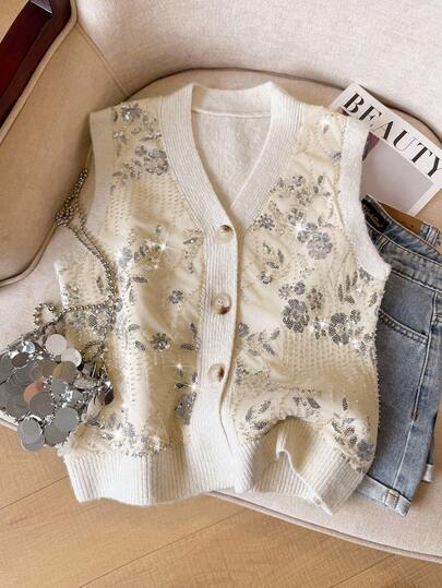 SHEIN Frenchy 女士优雅花卉亮片V领单排扣针织毛衣背心，派对串珠毛衣背心，派对亮片毛衣背心，派对毛衣背心，优雅派对装，亮片上衣，派对上衣，亮片毛衣背心，女士毛衣背心，串珠背心，亮片背心，开襟毛衣背心，秋季女装，罗纹毛衣背心，秋季，保暖磨毛冬季背心，四季皆宜，女士冬季，秋季，冬季，法式简约风格，复古，简约，优雅，纽扣开襟休闲毛衣背心