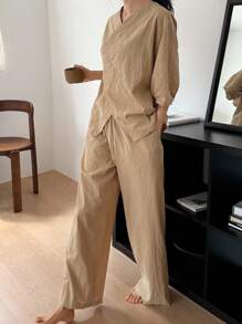 DAZY 女士简约纹理面料家居服套装睡衣 - 駝色 - 查看 7