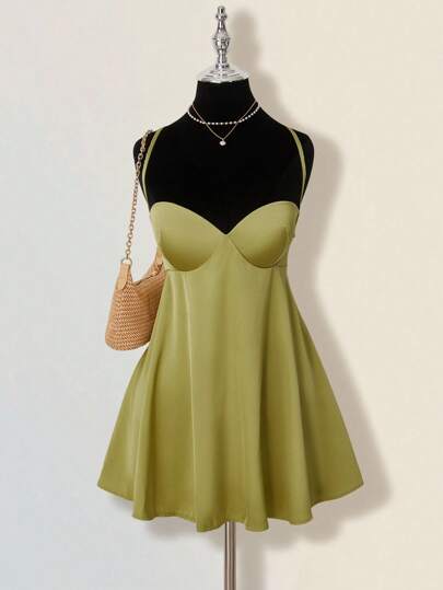 SHEIN ICON 纯色简约性感交叉露背A字迷你连衣裙