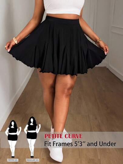 SHEIN PETITE CURVE Plus Size Black Casual Loose A-Line Skirt, Fashionable , Black Ruffle Skirt, Shorts Curve Plus Size Skirts Petite Curve Skirt Plus Size Skater Skirt Curve Summer Skirt