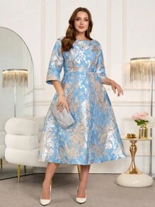 SHEIN Clasi 大码女式优雅提花长袖中长连衣裙，适合派对和郊游，秋冬季女式秋季服装，女式冬季服装，女式秋季连衣裙，万圣节服装，万圣节服装女式万圣节服装，女式约会夜服装，女式夜间外出服装，约会夜服装大码女式服装，女式节日服装，女式连衣裙，女式连衣裙，优雅优雅的 D，婚礼宾客礼服女式 - 彩色 - 查看 12