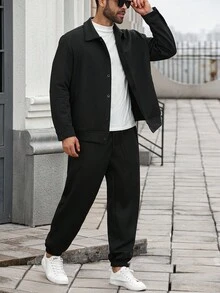 Manfinity Homme 2pcs Men Plus Size Casual Loose Fit Long Sleeve Jacket And Pants Set,Fall Clothes - Black - View 3
