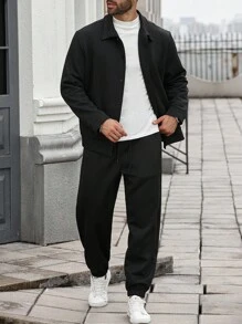 Manfinity Homme 2pcs Men Plus Size Casual Loose Fit Long Sleeve Jacket And Pants Set,Fall Clothes - Black - View 5