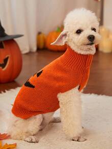 PETSIN 1pc Halloween Pumpkin Orange Cute Ghost Face Warm & Comfortable Dog Sweater - Multicolor - View 2