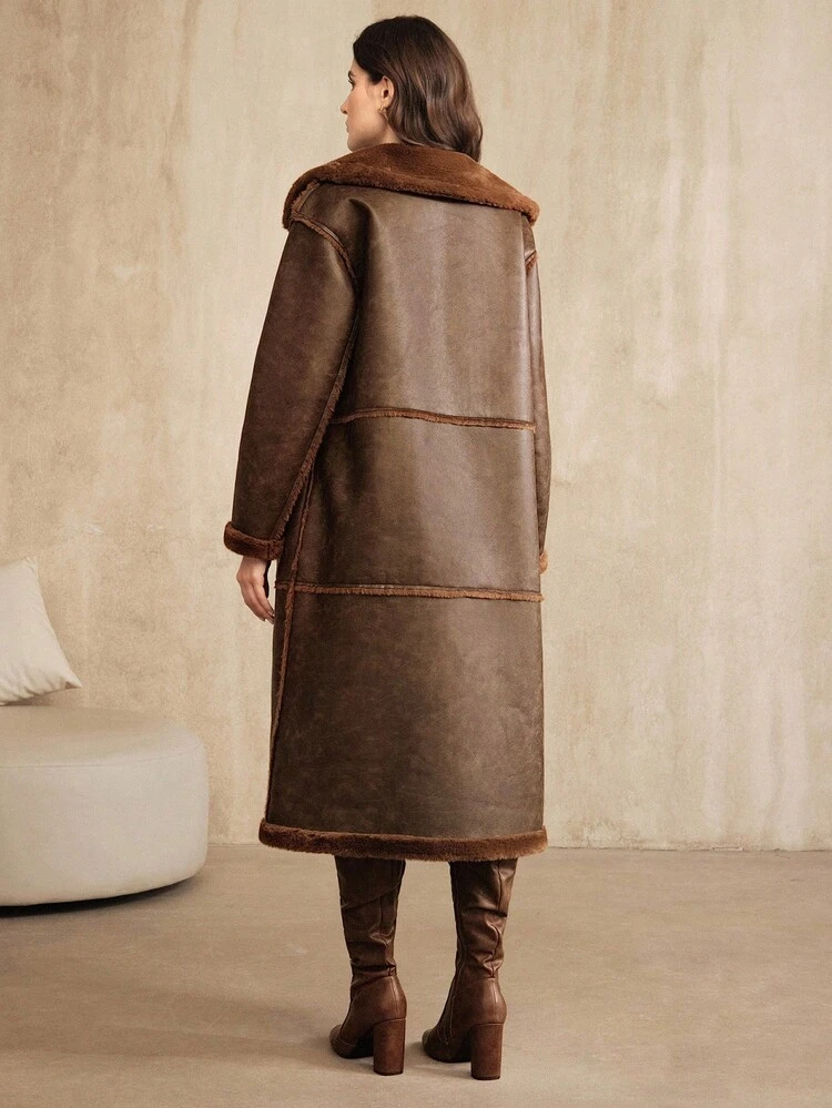 Women's Faux Fur Collar Zip-Up Long Casual Urban Fashionable Jacket, Autumn/Winter