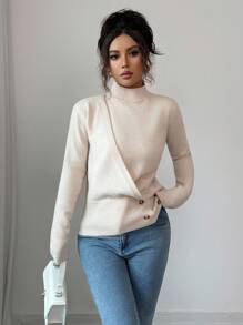 Elenzga 女式不对称修身立领长袖纽扣设计毛衣，时尚 - 杏色 - 查看 8