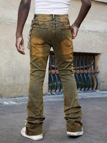 ROMWE MEN Street Life Men's Layered Flare Washed Slim Fit Jeans - Dark Wash - View 3